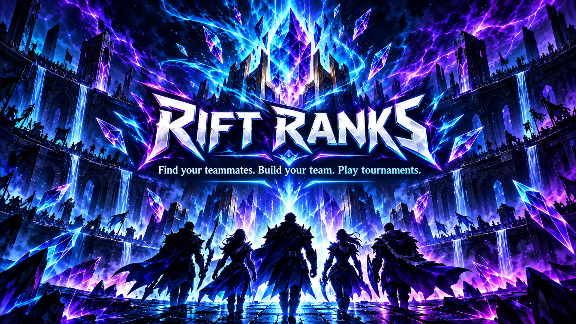 Five fantasy players entering a cyan and violet crystal arena beneath the Rift Ranks name
